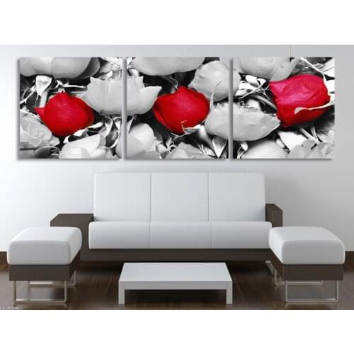 3 Panels Wall Art Black White Red Flower Modern Painting On Canvas Rose Flower Wall Pictures Cuadros Decoracion For Living Room