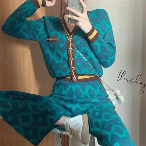 New Autumn Winter Knitted Suits Female Patchwork Sweater Cardgian Crop Tops + Wide Leg Pants Women Two Piece Set Casual Knitwear