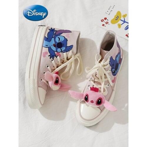 Original Disney Lilo&Stitch pink girl heart-shaped canvas casual shoes ladies sneakers high-top all-match sneakers