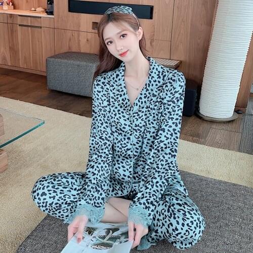 Pajama Suits Women Ice Silk Spring Sleepwear Long Sleeve Sleep Tops Trousers Set Printing Fashion Womens Pijama Autumn