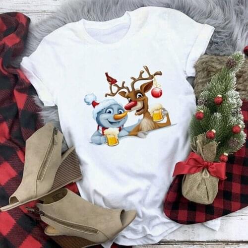 Suitable all seasons New cute reindeer tshirt women Christmas white tshirt Harajuku Short Sleeve Women Tee Tops Camisetas Mujer