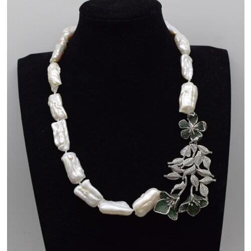Freshwater pearl white biwa reborn keshi baroque necklace +green flower pendant 19inch FPPJ wholesale beads nature
