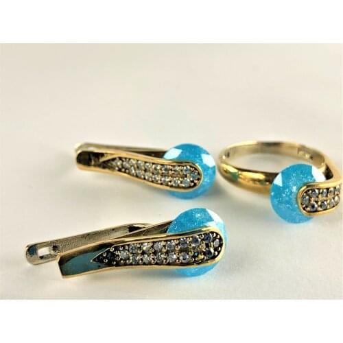 Silvery turquoise round stone ring 17 elegant white stone earring on top of 17 elegant white stone 2 rings +1 piece straling si