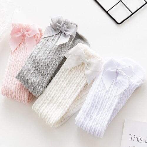 Baby Girls Keen High Tight Socks Solid Stockings with Bowknot Infant Kids Princess Cotton Non-Slip Long Tube Mesh Socks