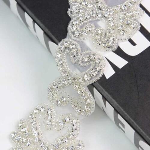 10Yds Bridal Wedding Applique Silver Heart Shape Rhinestone Trim Crystals Beaded for Women Gown Evening Prom Clothes
