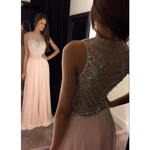 Light Pink Elegant 2019 Evening Dresses Long A-line Scoop Chiffon Beaded Prom Party Dresses Formal Dress Vestidos de Festa