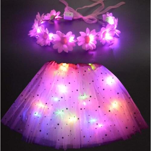 2021 New Light LED Girl Kids Clothes Star Tutu Skirt Princess Party Child Ballet Dance Children Skirt + Flower Wreath Headband