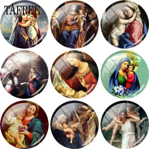 TAFREE 5pcs Virgin Mary And Children Art Painting 25mm Round Glass Cabochon DIY Cameo Pendant Settings For Keychain Necklace