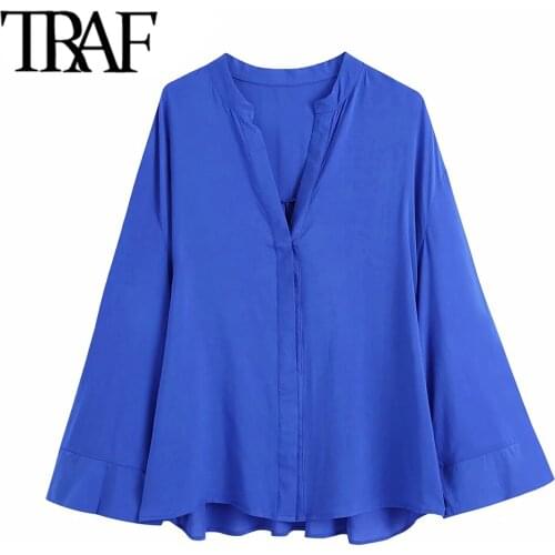TRAF Women Fashion Button-up Loose Blouses Vintage V Neck Long Sleeve Female Shirts Blusas Chic Tops