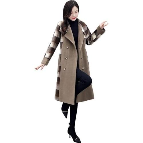 Woolen Jacket Outerwear Women Mid-length Autumn Winter 2021 Korean Casual lattice Woolen Coats Double breasted Windbreaker Women