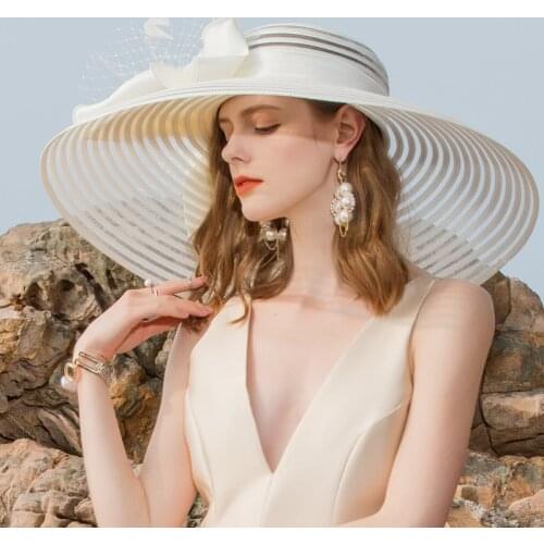 [British Top Hat] Dome Bowknot Feather Big Eaves Sunshade Hat Female Women Hats Hats for Women