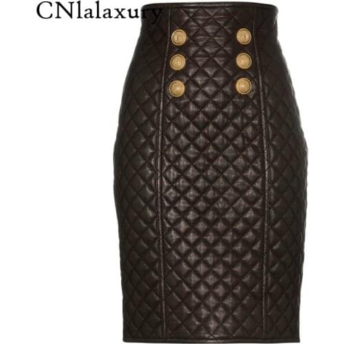 Newest Designer Lion Button Mini Skirt Womens Sewing Grid Empire Synthetic Leather Skirts faldas mujer moda 2020 jupe femme