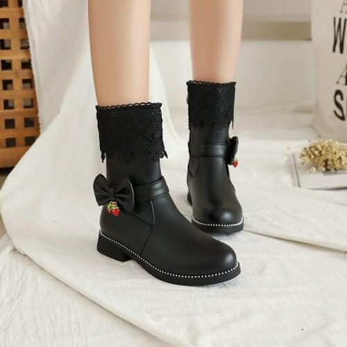 2021 New Sweet Kids Pu Leather Boots Women Flowers Round Toe Med Heels Shoes Ladies Boots Zip Autumn Winter Ankle Boots