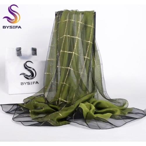[BYSIFA] Army Green Women Scarves Winter Trendy Accessories Double Layers Plaid Long Silk Scarf Shawl Muslim Head Scarf 190*70cm