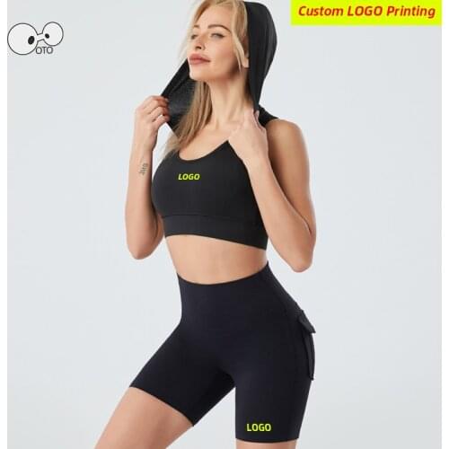 Custom LOGO Summer Yoga Sports Suit Women Quick Dry Fitness Hooded Sports Bra+High Waist Short Tights 2 Pcs Jogging Running Set