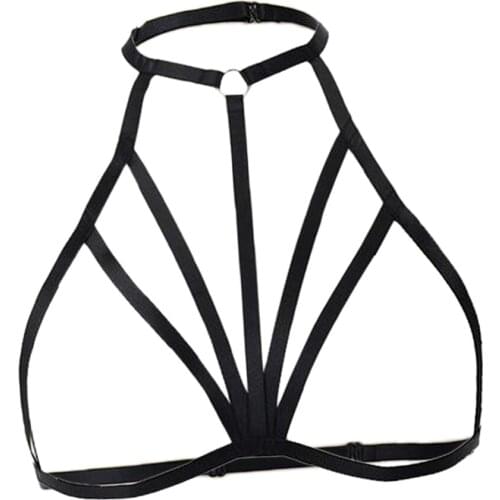 Women Lingerie Strappy Hollow Out Harness Cupless Bra Body Cage Waist Chain