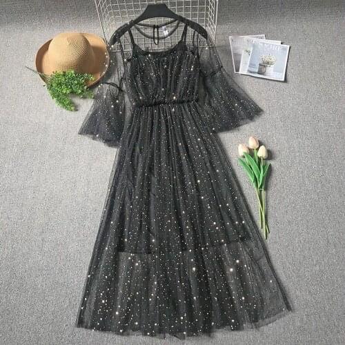 2021 New Female O-neck Stars Sequined Mesh Shiny Fairy Dress Women Elegant dressGauze PrincessKorean sweet Puff Dresses