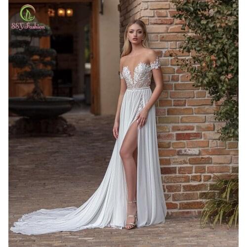 SSYFashion New White Romantic Chiffon Evening Dress Sexy Backless Lace Beading Long Beach Formal Gown for Women Vestido De Novia