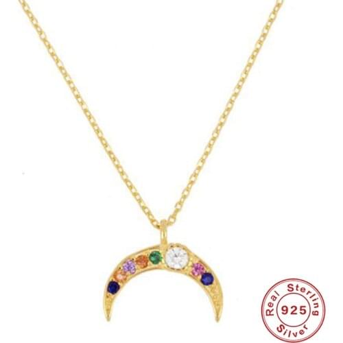 GS 925 Sterling Silver Colorful Zircon Stone Gold Moon Pendant Necklace For Women European Luxury Long Chain Necklace Jewel