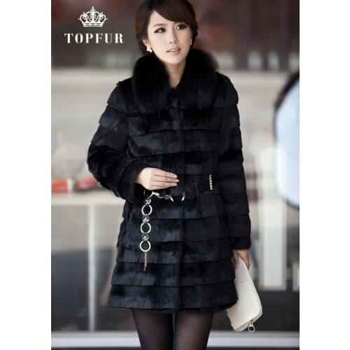 Free shipping new Winter Womens genuine natural Rabbit Fur Coat With real Fox Fur Collar Long Fur Jacket