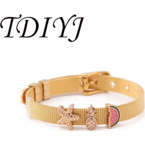TDIYJ Gold Island Travel Pineapple Watermelon Sea Slide Charms 8MM Stainless Steel Mesh Kids Bracelet for Women Children 1Set