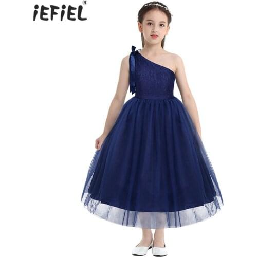 Kids Girls One Shoulder Embroidered Floral Lace Princess Girls Dress Vestidos Elegant Formal Tutu Birthday Wedding Party Dress