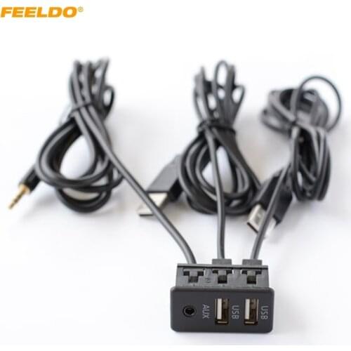 FEELDO Car Universal AUX IN Flush Mount Cable Double USB Sockets 3.5mm Male Jack Mounting Modified AUX Cable Adapter