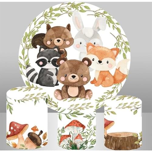 Woodland Party Baby Shower Circle Background Animals Bear Fox Boy Birthday Party Decor Dessert table Banner Round Backdrop