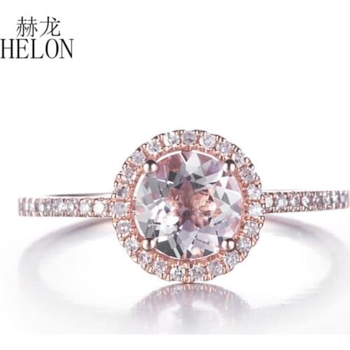 HELON Solid 10K Rose Gold Round 6mm Genuine Morganite Diamond Engagement Ring For Women Anniversary Wedding Diamond Ring