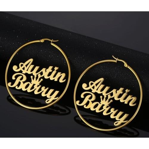 Personalized Customized Gold Stainless Steel Name Earring Custom Fashion Nameplate Circle Crown Earrings for Women Charm Jewelry