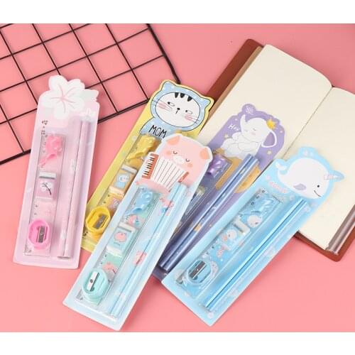 New 6Pcs/Set Cute Cartoon Animals Pencils With Eraser Ruler Sharpener Pen Grip For Kids Gifts School Supplies Stationery Set
