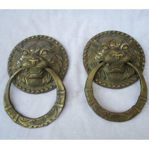 Collectible 1 Pair of Chinese Old Bronze Carved tiger head Doorbell /Antiqu Metal Doorbell ,Big old style Doorbell