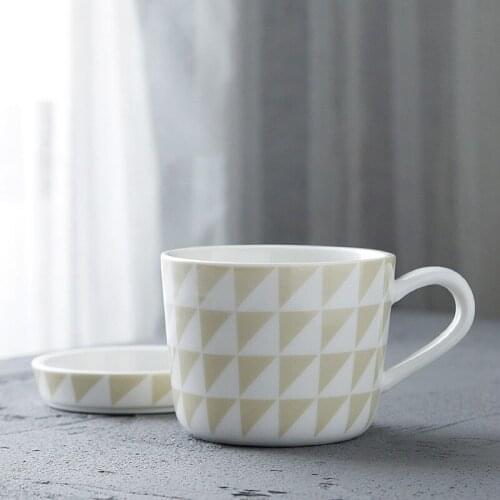 Creative Ceramic Mug with Saucer Geometric Design Porcelain Yellow Cup for Coffee Tea Milk Afternoon Tea (220ml Mug+Saucer)