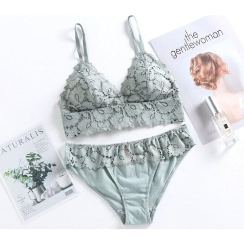 Hollow Out Lace Triangle Bra with Removable Padded French Bra for Small Breasts Wireless Set Underwear Women Sexy Lingerie