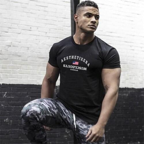 Muscleguys Gym Mens T-shirt Fitness Tops Bodybuilding Workout Clothing Cotton Sports T Shirts plus size M-2XL