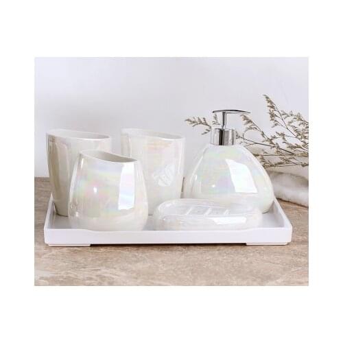 Bathroom Kit Japanese Style White Ceramic Bathroom Accessories Five /Six Set Kits Melamine Tray Bathroom Shower Set