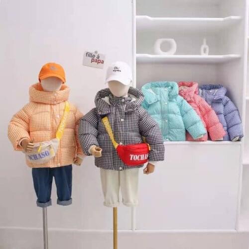 2021 New Childrens Thick Down Padded Plaid Jacket Boys Girls Hooded Turtleneck Coat Baby Autumn Winter Warm Outerwear For 2-6y