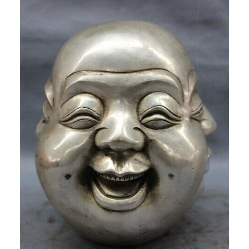 Wholesale factory 8" Chinese Silver Folk Buddhism 4 Face Happy Laugh Maitreya Buddha Head Statue