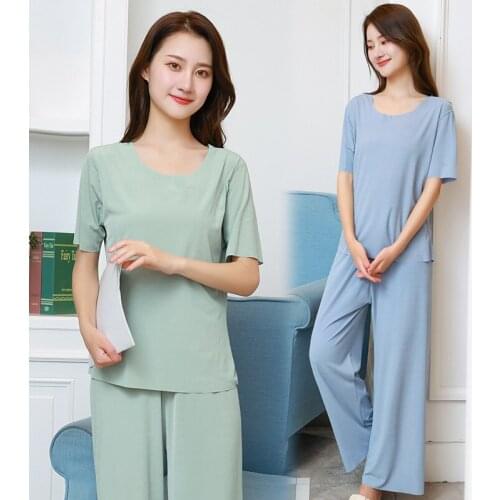 Sexy Lingerie Women Solid Satin Sleepwear Nightwear O-Neck Pajama Casual Ice Silk Ladies Pyjama Pijamas Set Loose Home Pj Suit