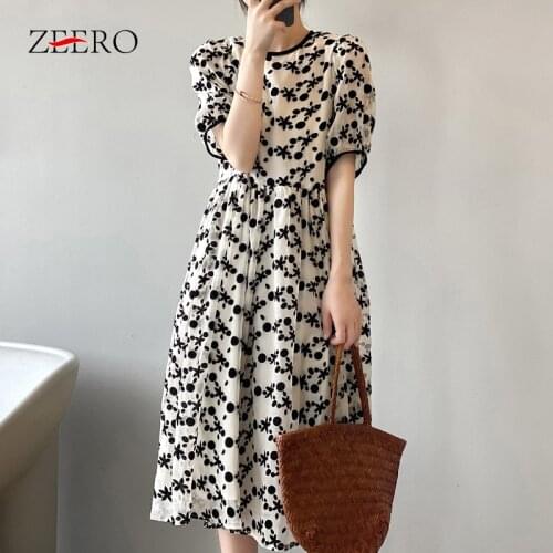 Summer Korean Female Loose Flocking Floral Puff Sleeve Midi Dresses Women Vintage Plus Size Chffion Dress Vestido Feminino