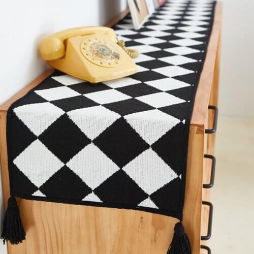 Table Runner Wedding Decor Dining Tablecloth Nordic Modern Tassel Black and White Plaid Fabric Table Runners TV Cabinet Cover