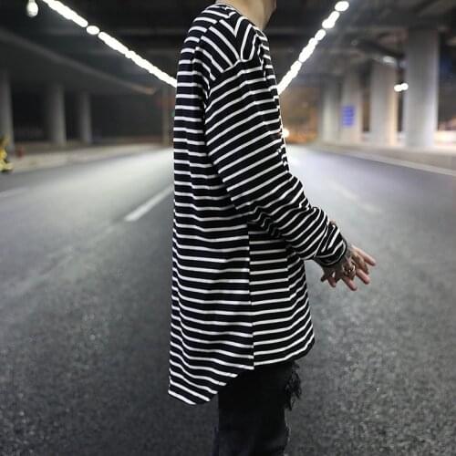 High Street Wind Before Short After Long Black and White Stripe Base Shirt Hip-hop Lengthened Inside with A Long-sleeved T-shirt