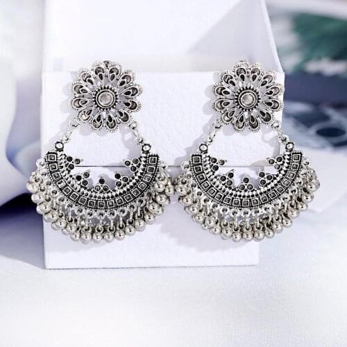 Ethnic Style Vintage Bohemian Earrings Silver Color Flower Shape Geometric Pattern Pendant Decorative Beads Tassel Earrings 2020