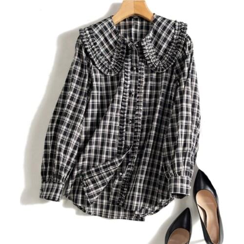Original Design Plaid Shirts Women 2021 Ruffles Big Lapel Checked Long Sleeve Button Up Blouse Female Retro Chic Frills Tops