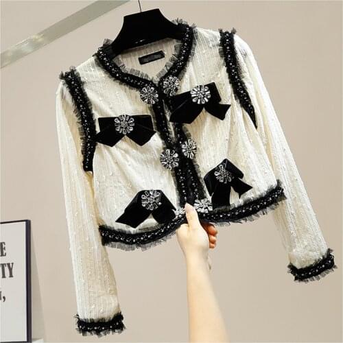 Retro Heavy Beads Diamond Three-Dimensional Bow Pleated Lace Shirt Women Short Temperament Elegant Blouse Lady Tops