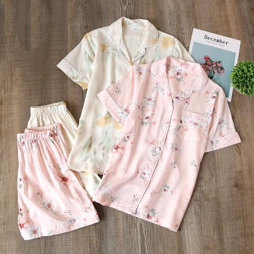 Womens Summer Short-Sleeved Shorts Pajamas Turn-down Collar Thin Printing Pyjamas Women 2 Piece Sleepwear Cool Home Clothes