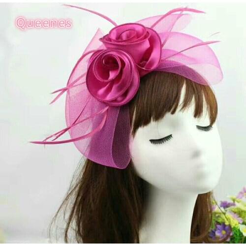 New Fuchsia Beige Feather Hairband Fashion Wedding Bridal Floral Fascinator Headwear Party/Races/Church/Cocktail Women Headpiece