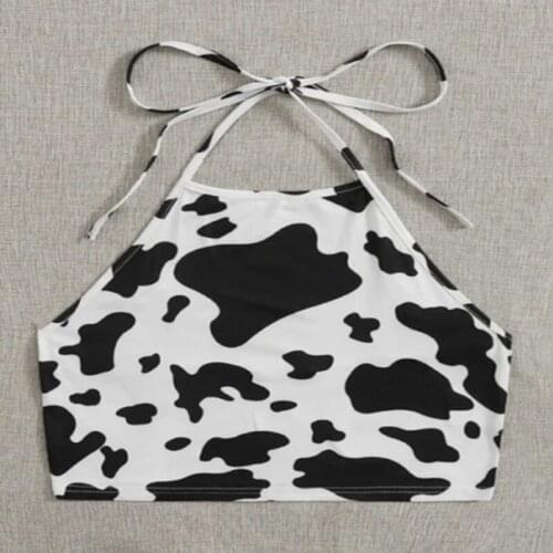 Fashion Cow Print Halter Strap Vest Women Aesthetic Tube Top Cropped Camis Crop Top Sleeveless Lace Up Tank Tops