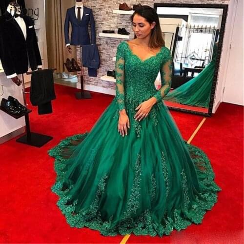 Emerald Green Long Prom Dresses Evening Wear 2019 Long Sleeve Lace Applique Beads Plus Size Formal Prom Gowns Robe de soiree