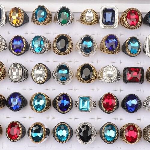 30pcs/lot Vintage Men Multicolor Imitation Gemstone Glass Rings For Women Mix Style Fashion Jewelry Party Gifts Wholesale